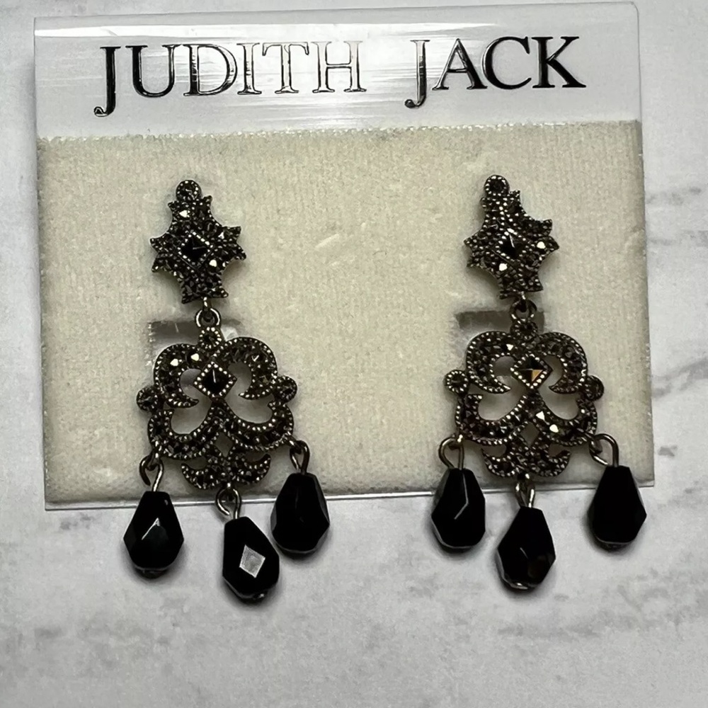 Vintage Judith Jack Sterling Silver Marcasite Black Onyx Chandelier Earrings
